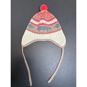 Purebaby Organic Cotton Wool Knit‎ Hat Bear Pattern Earflap Pom Toddler Large